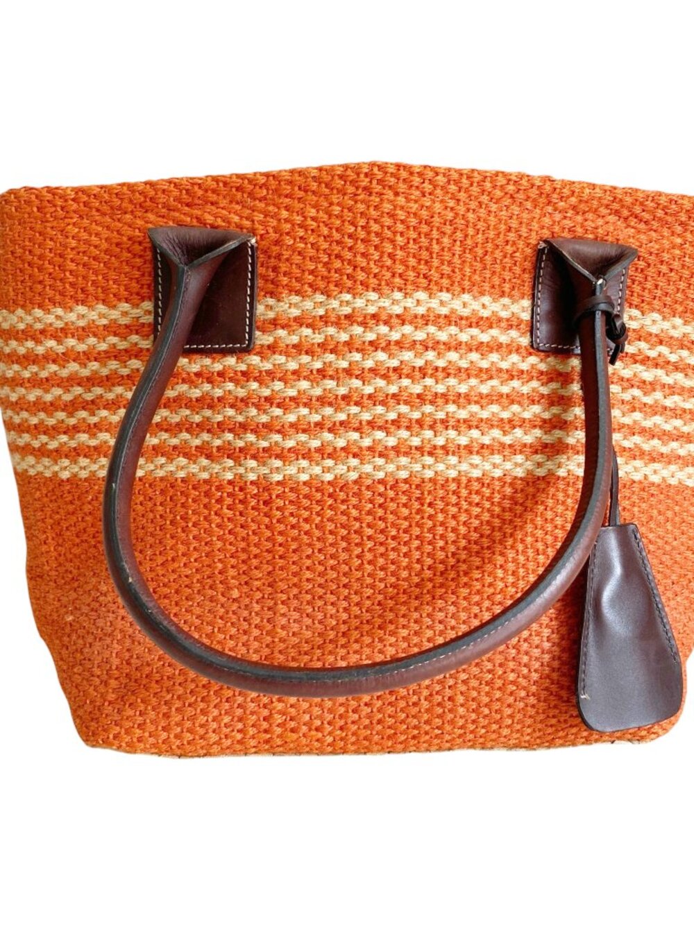 Vtg GAP Orange Straw Jute Bag Farmers Market Tote Leather Straps Striped - Picture 5 of 10